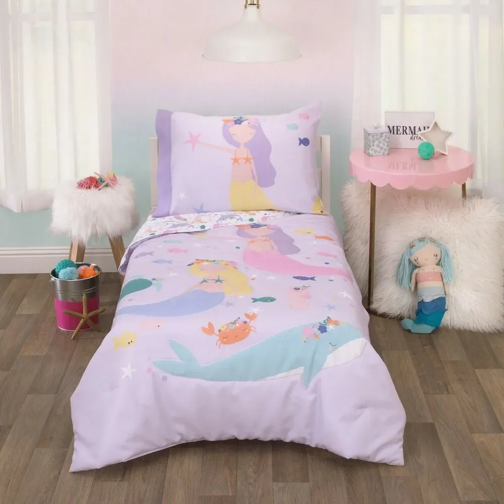 Mermaid Toddlers Bedset Parents Choice New Purple Sea Comforter Sheet Fitted PC
